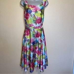 Talbots Dress sz 10 M Faux Silk Colorful Pastel Floral Sleeveless Fit and Flare